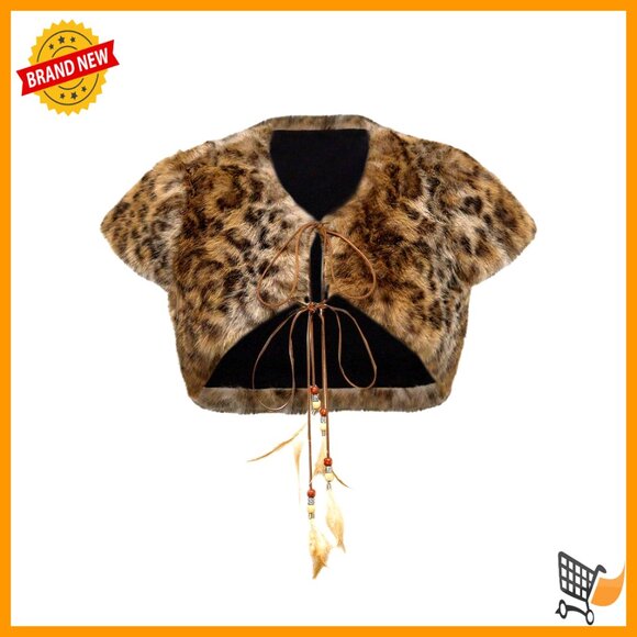 Faux Fur Cropped Coat Tie Front V Neck Short Sleeve Winter Jacket Chic